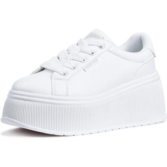 Lucky Step Women White Platform Low Top Classic Wedge Retro Canvas Sneakers - Picture 1 of 9
